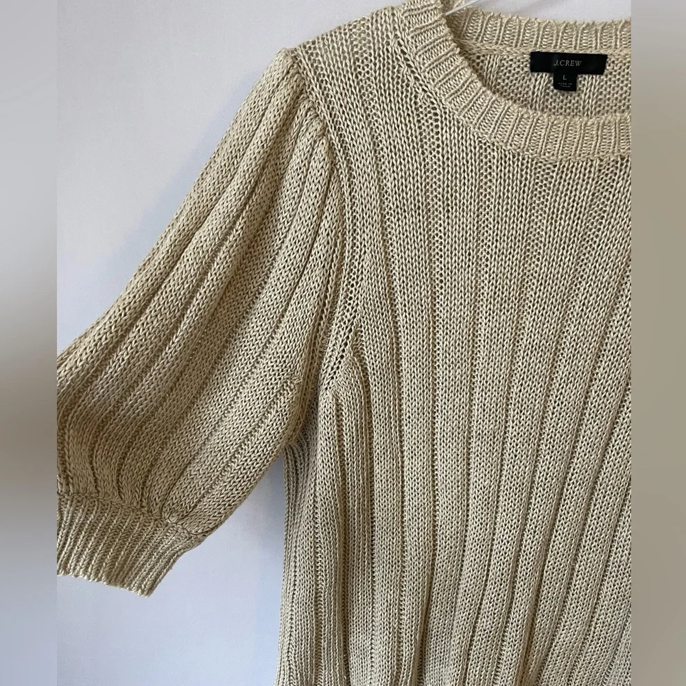 J.Crew Linen Ribbed Short Puff Sleeve Knit Sweater Top L